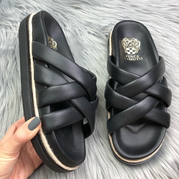 New Vince Camuto Chavelle Leather Criss Cross Platform Slide Sandals - Picture 2 of 9